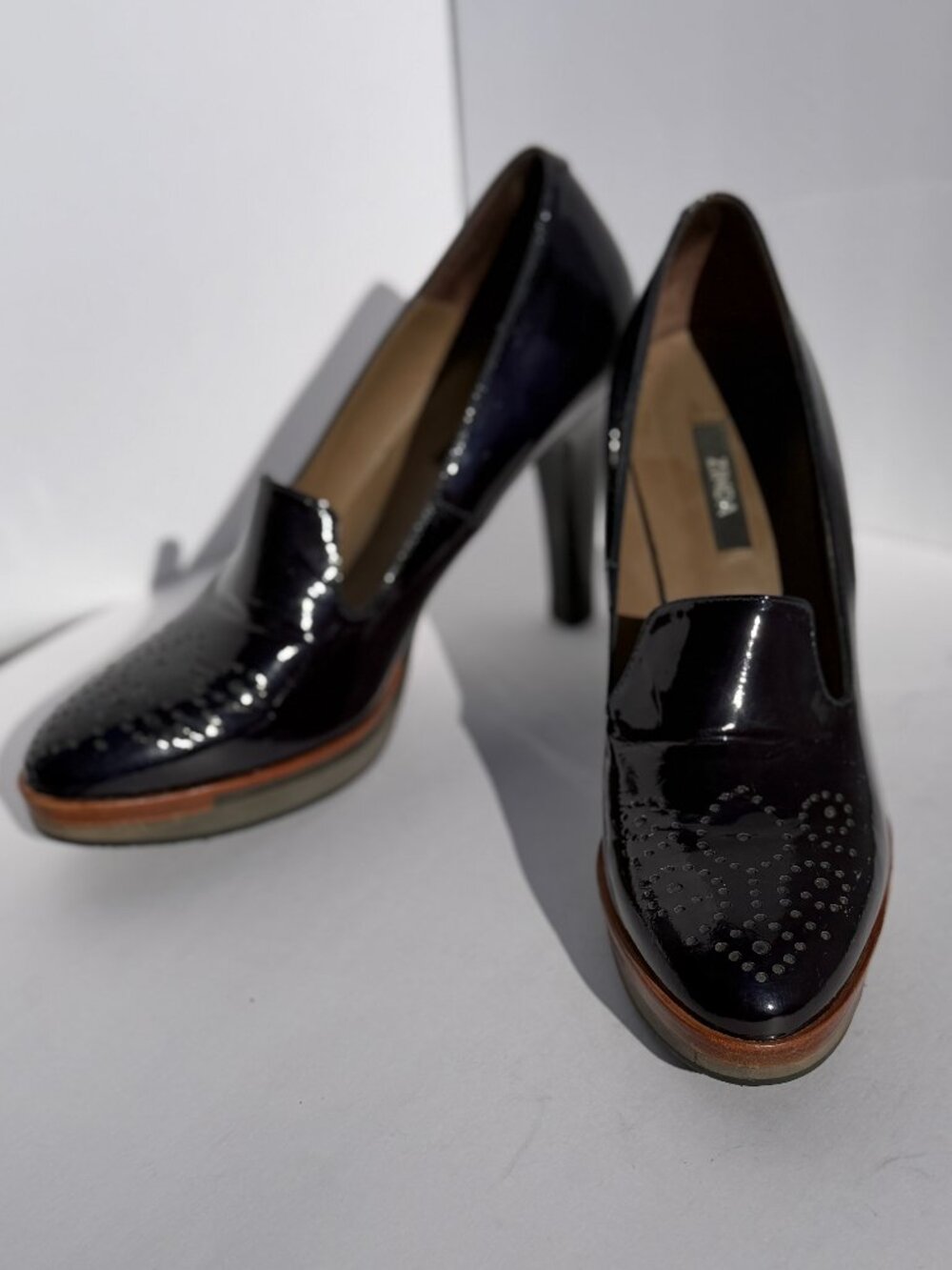 ZINDA Spain Dark Blue Black Perforated Leather Loafer Platform Pumps Sz 39 8.5